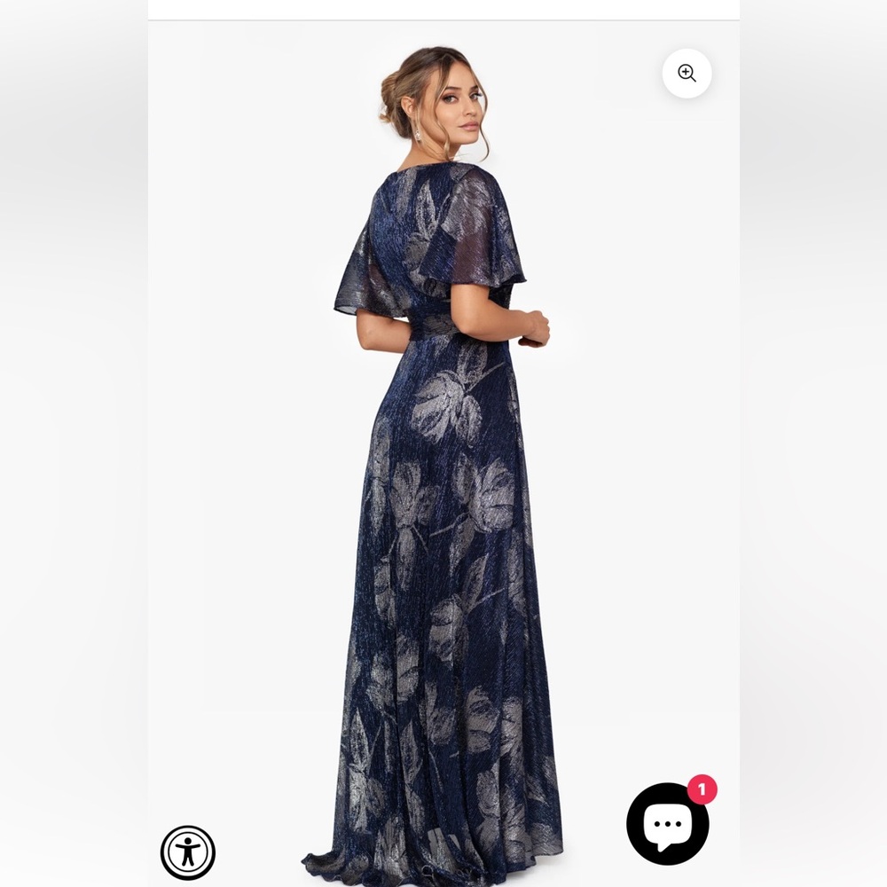 Betsy & Adam Navy and Silver Floral Gown